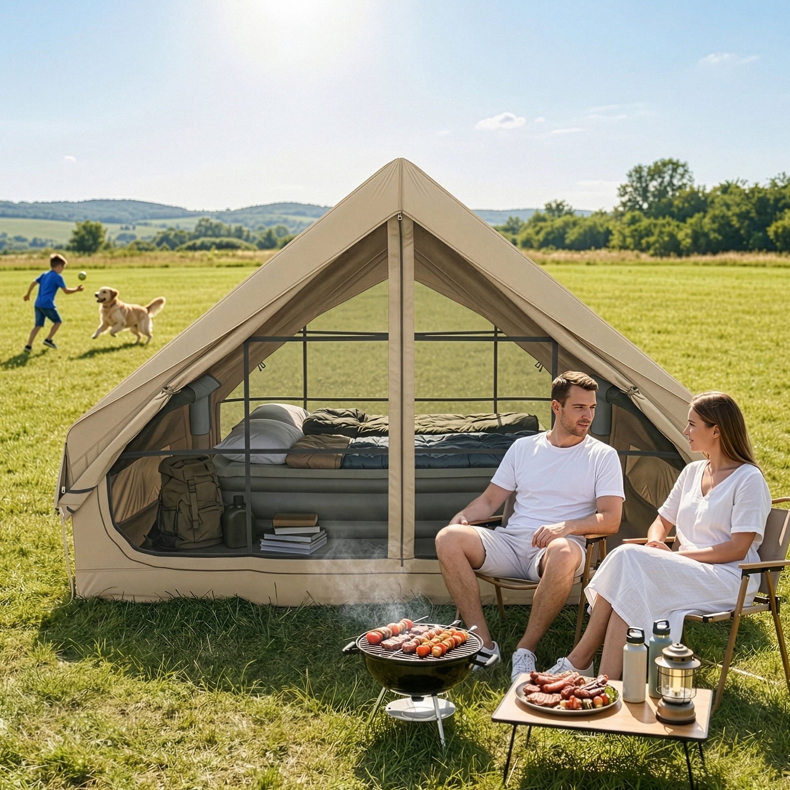 Ktaxon Inflatable Tent with Hand Pump for Camping, Easy Setup Air Glamping Tents, All-Weather Waterproof Blow up Camping Tent for Family, Green