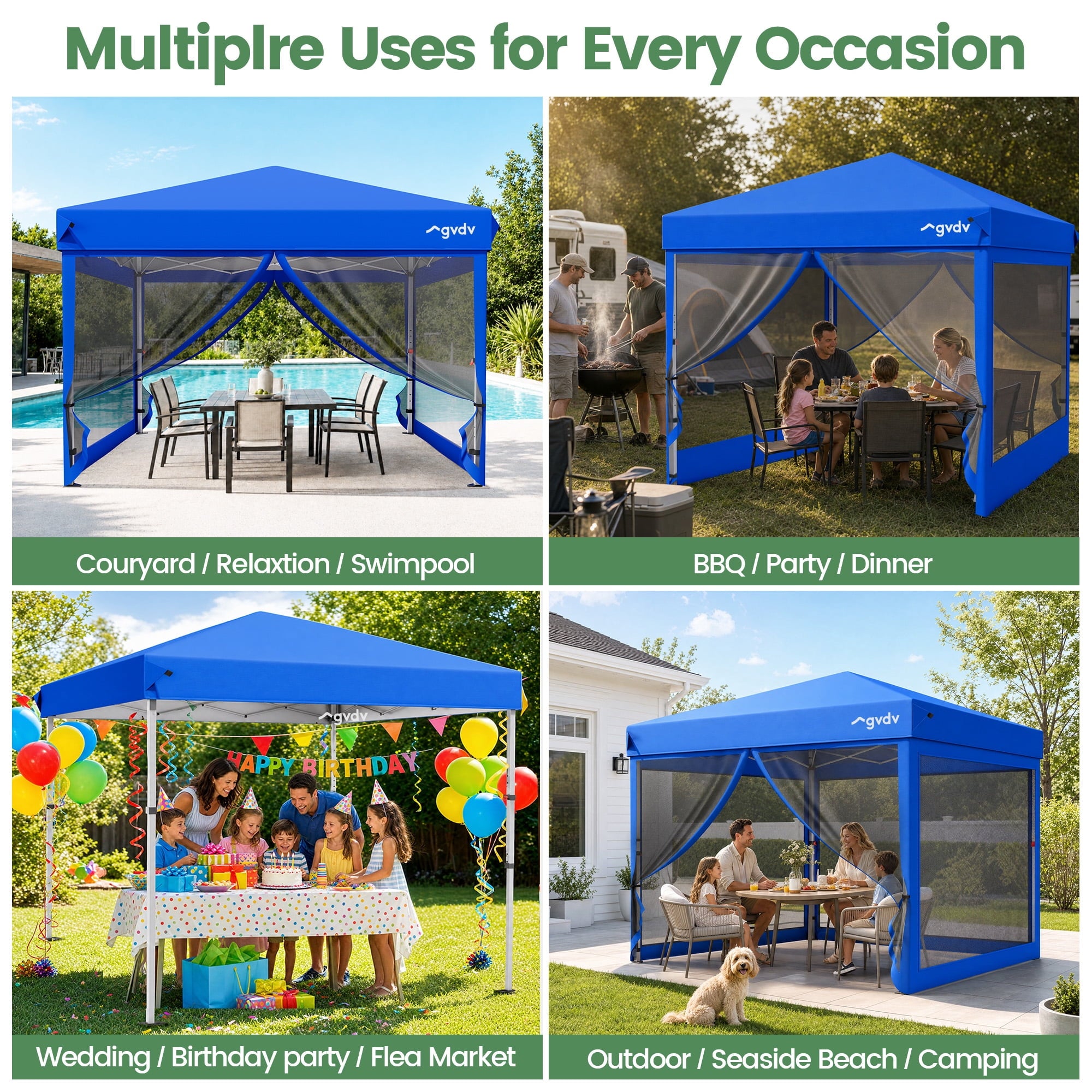 GVDV 10x10ft Easy Pop-Up Canopy, Outdoor Screen Tent with Mosquito Netting, 2 Zipper Doors, and Carry Bag for Yard Camping Picnic Party Events, Blue