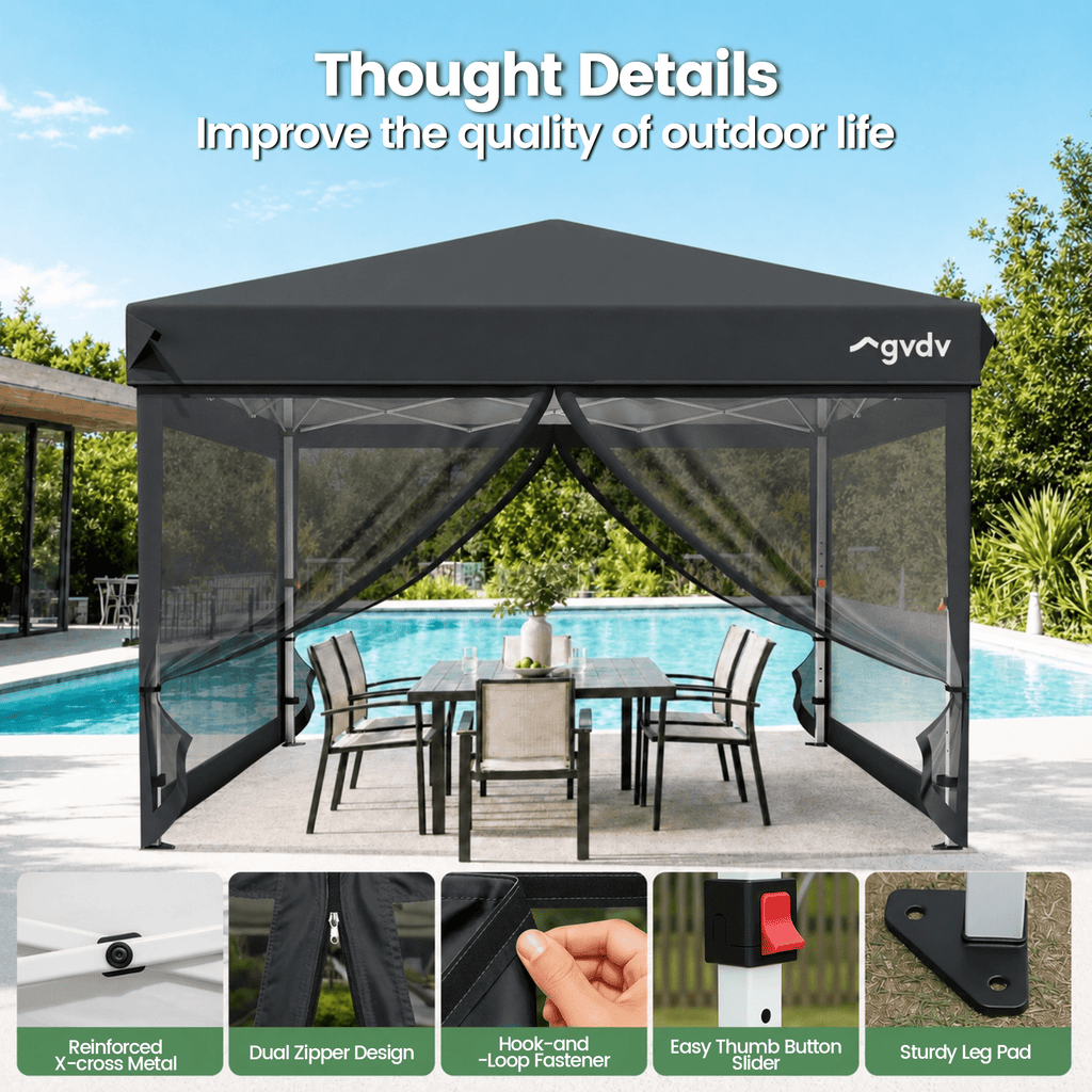 GVDV 10x10ft Easy Pop-Up Canopy, Outdoor Screen Tent with Mosquito Netting, 2 Zipper Doors, and Carry Bag for Yard Camping Picnic Party Events, Blue