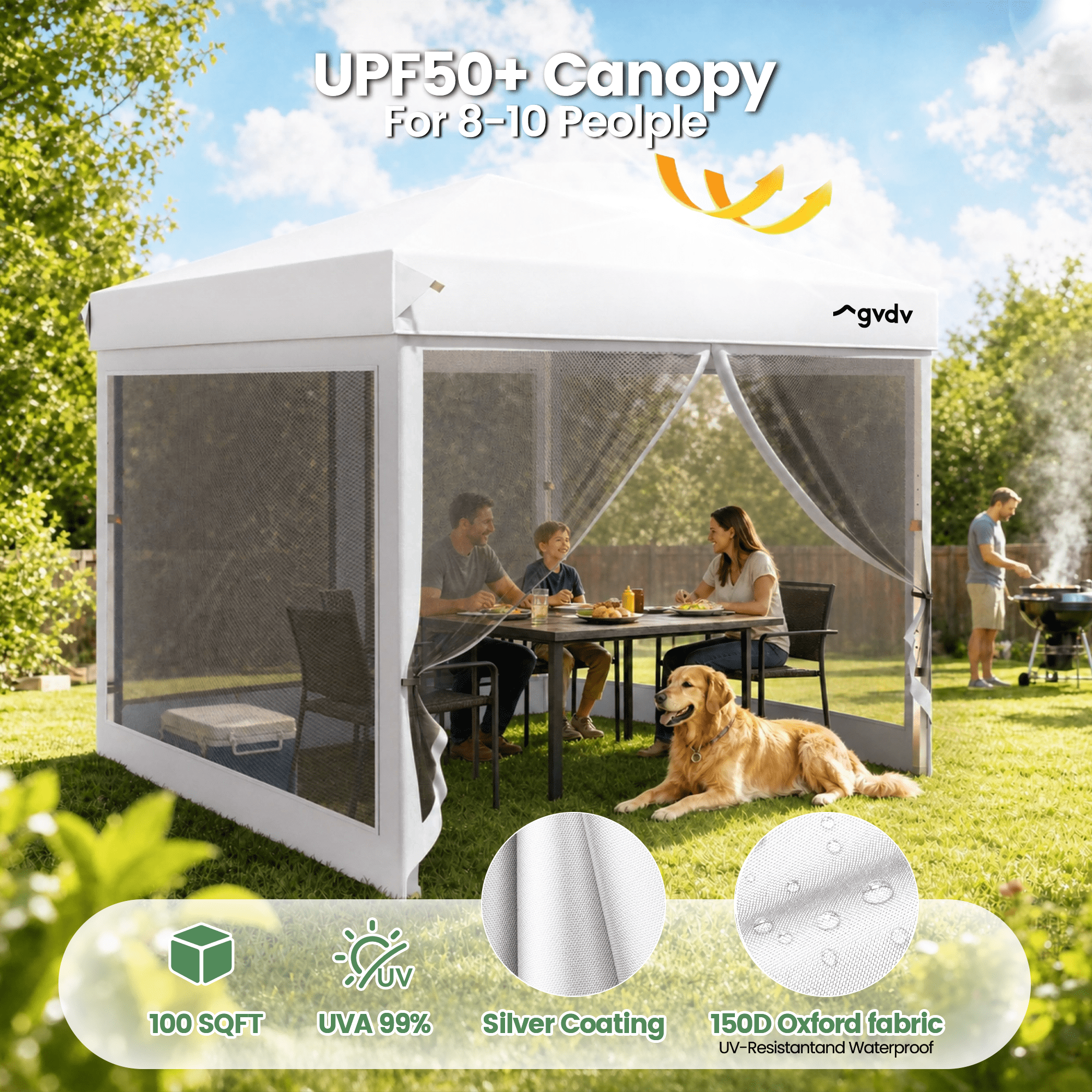 GVDV 10x10ft Easy Pop-Up Canopy, Outdoor Screen Tent with Mosquito Netting, 2 Zipper Doors, and Carry Bag for Yard Camping Picnic Party Events, Blue