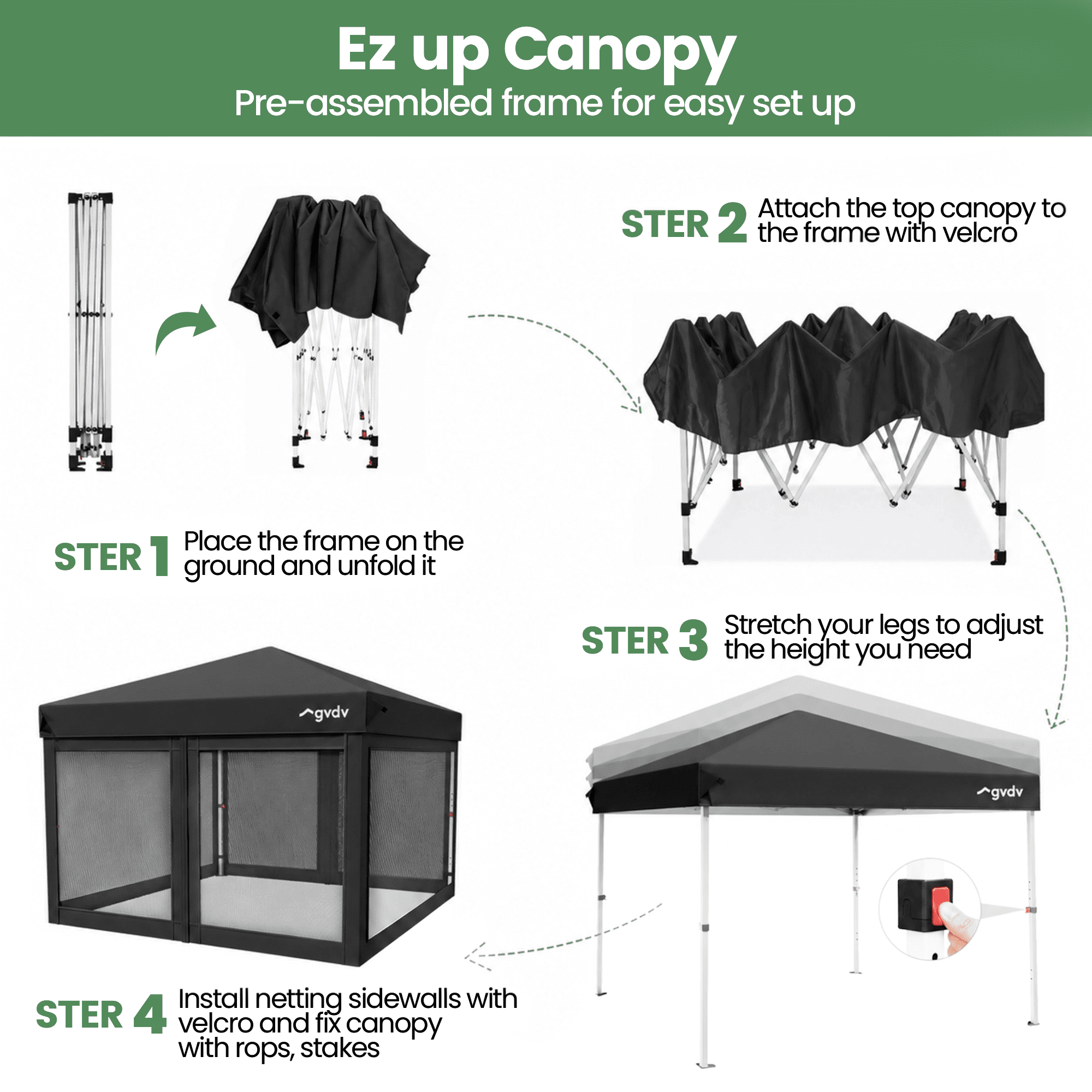 GVDV 10x10ft Easy Pop-Up Canopy, Outdoor Screen Tent with Mosquito Netting, 2 Zipper Doors, and Carry Bag for Yard Camping Picnic Party Events, Blue