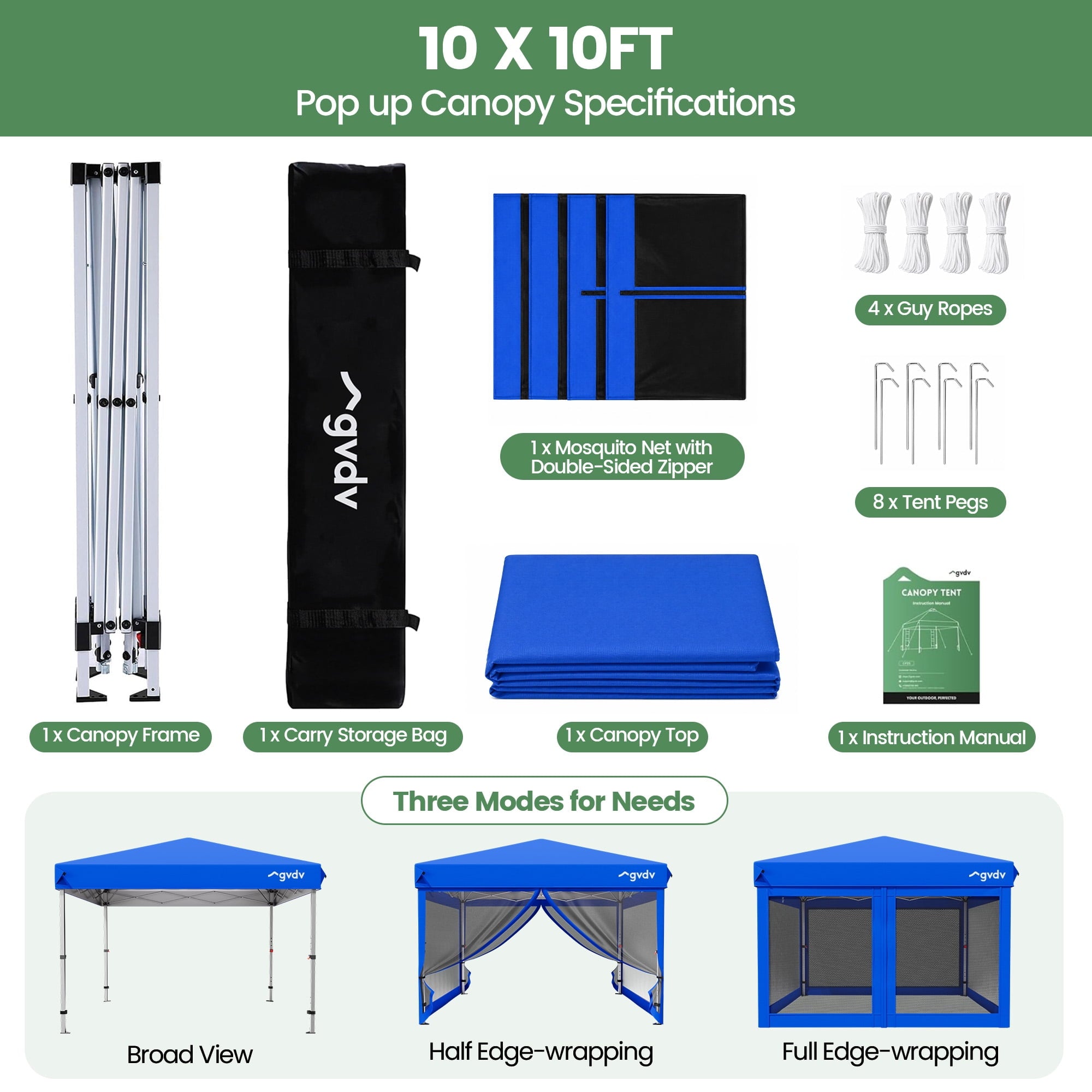 GVDV 10x10ft Easy Pop-Up Canopy, Outdoor Screen Tent with Mosquito Netting, 2 Zipper Doors, and Carry Bag for Yard Camping Picnic Party Events, Blue