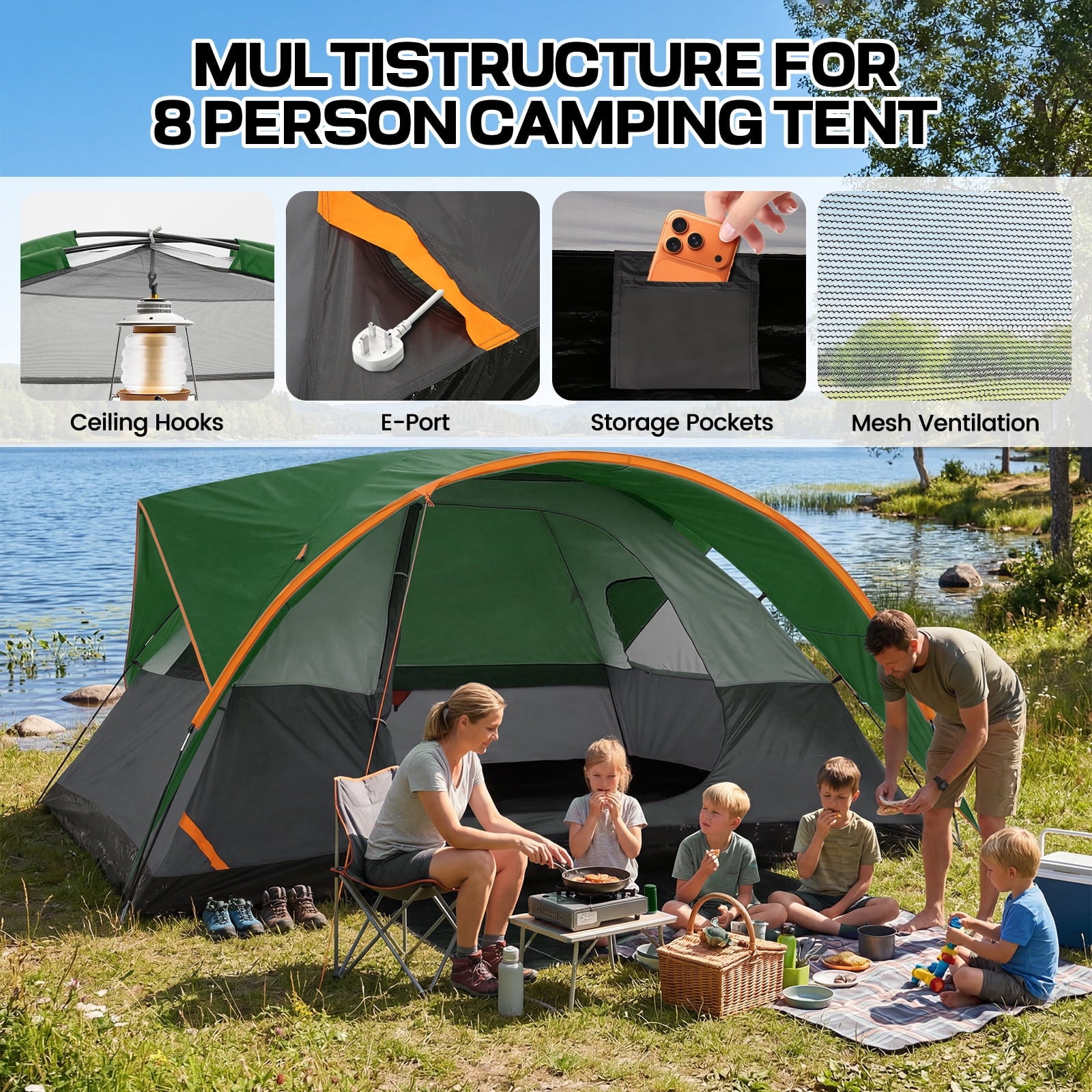 COBIZI 8-10 Person Camping Tent, Tents for Camping 12x9ft Family Tent,Waterproof Windproof Cabin Tent with Removable Rainfly,CPAI-84 Flame Retardant,Heavy Duty with 17 Stakes&Carry Bag,Blue
