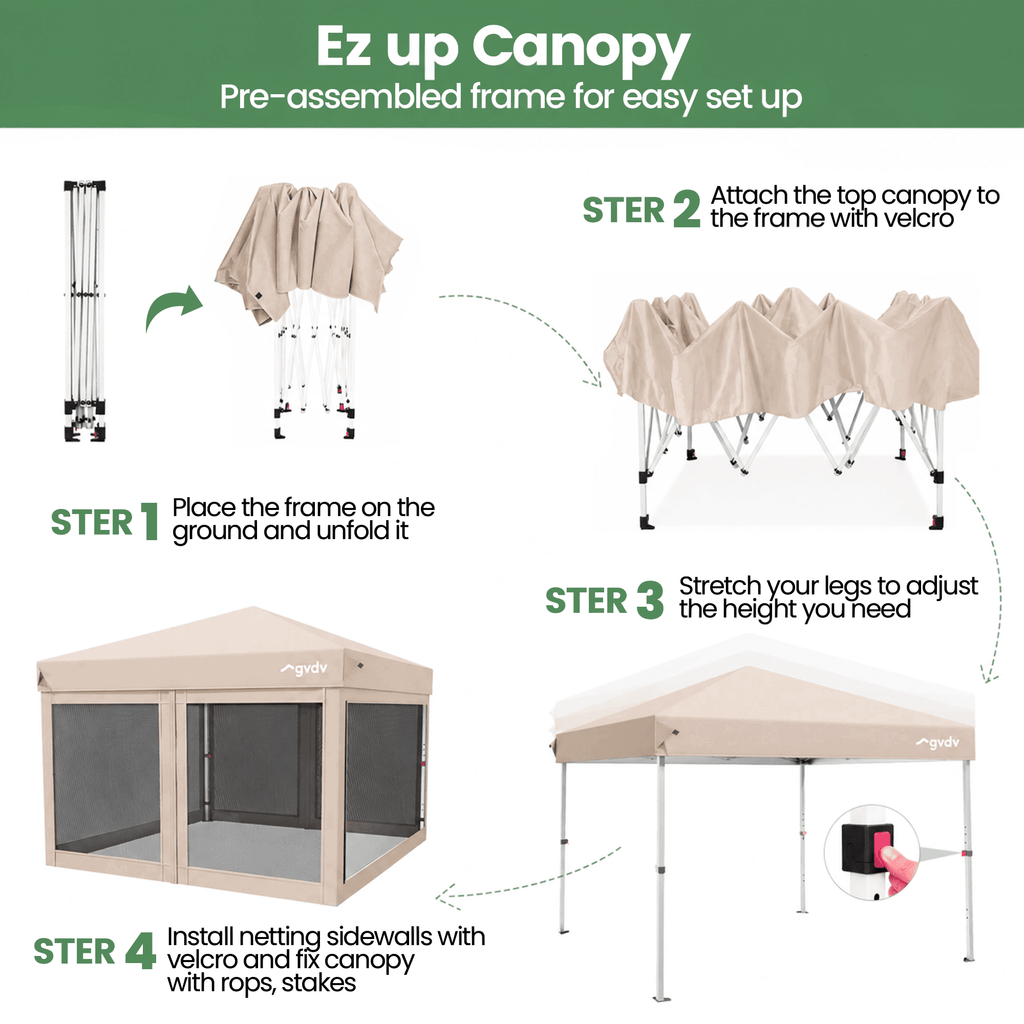GVDV 10x10ft Easy Pop-Up Canopy, Outdoor Screen Tent with Mosquito Netting, 2 Zipper Doors, and Carry Bag for Yard Camping Picnic Party Events, Blue