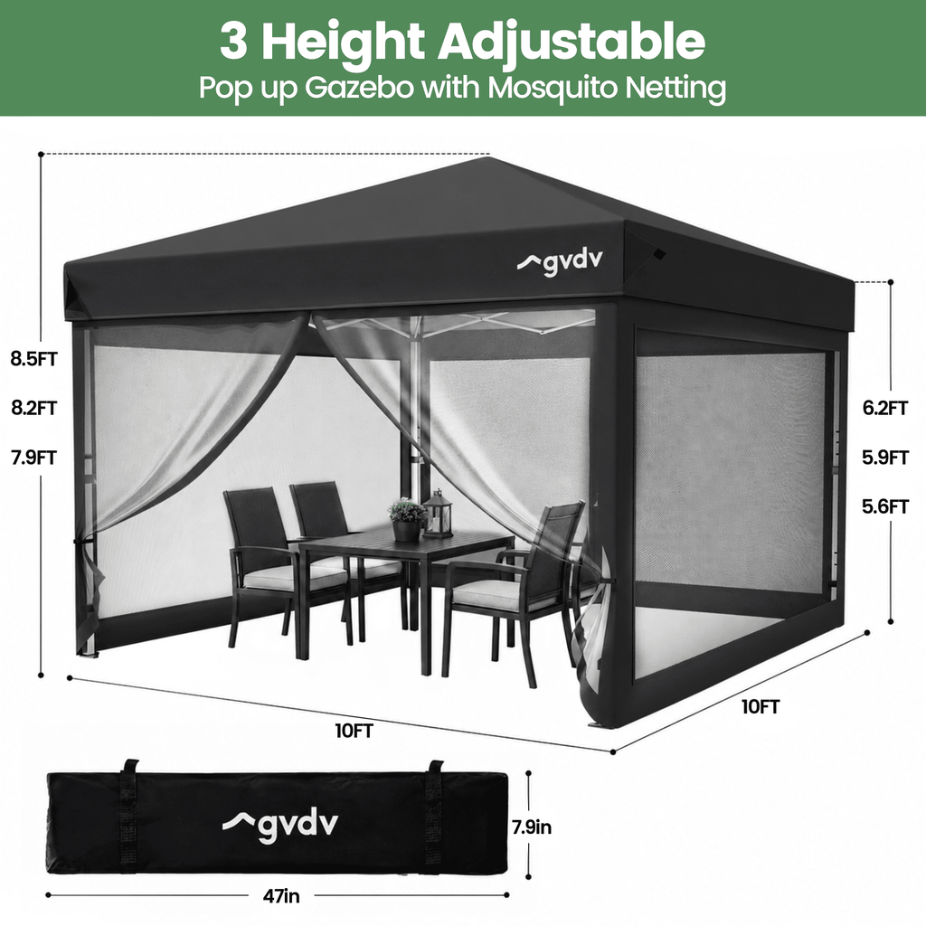 GVDV 10x10ft Easy Pop-Up Canopy, Outdoor Screen Tent with Mosquito Netting, 2 Zipper Doors, and Carry Bag for Yard Camping Picnic Party Events, Blue