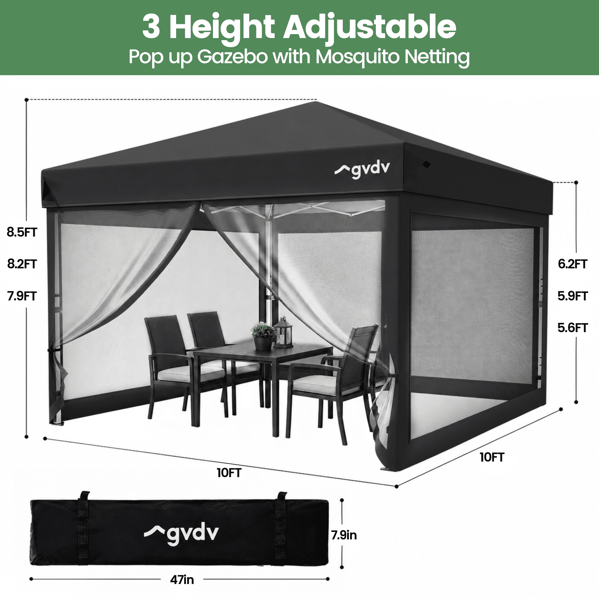 GVDV 10x10ft Easy Pop-Up Canopy, Outdoor Screen Tent with Mosquito Netting, 2 Zipper Doors, and Carry Bag for Yard Camping Picnic Party Events, Blue