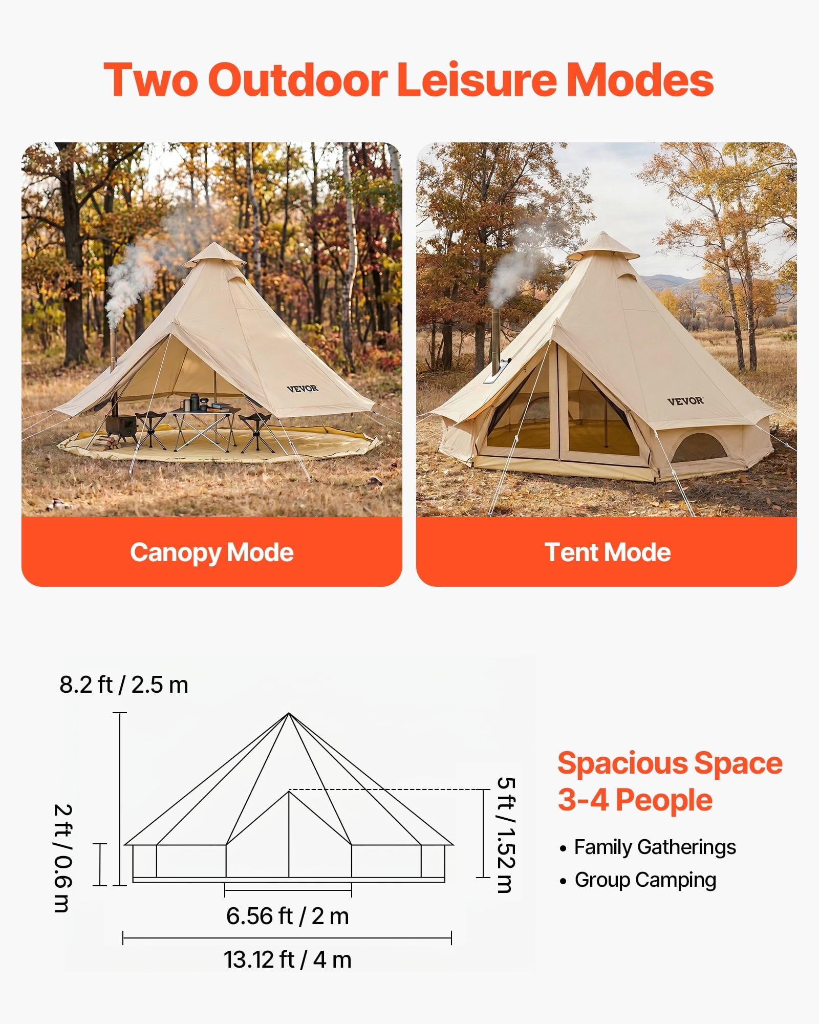 VEVOR Oxford Bell Tent, 4 Seasons 13.12 ft Yurt Tent for Camping with Stove Jack, Waterproof Breathable Holds up to 4 People with Zipped Detachable Floor,Family Camping Glamping Outdoor Hunting Party