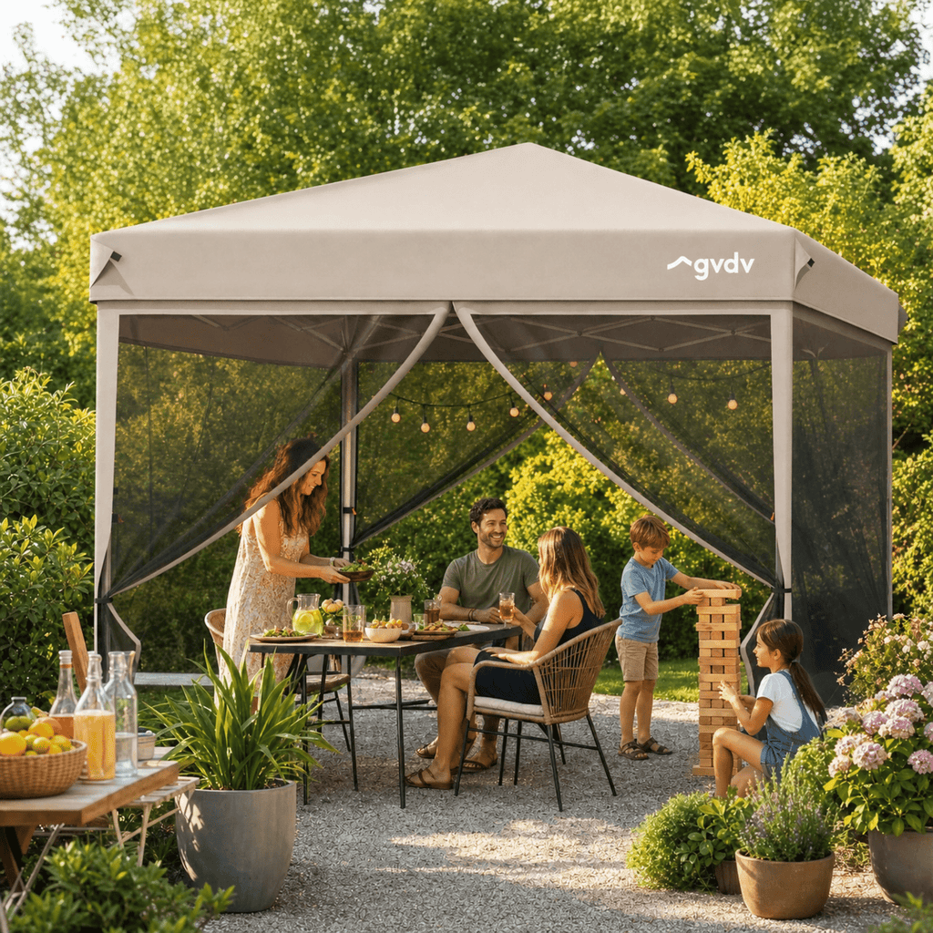 GVDV 10x10ft Easy Pop-Up Canopy, Outdoor Screen Tent with Mosquito Netting, 2 Zipper Doors, and Carry Bag for Yard Camping Picnic Party Events, Blue