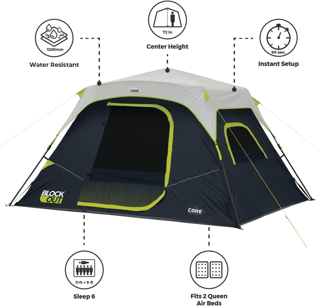 CORE 11' x 9' 6 Person Blockout Instant Cabin Camping Tent, 22lbs