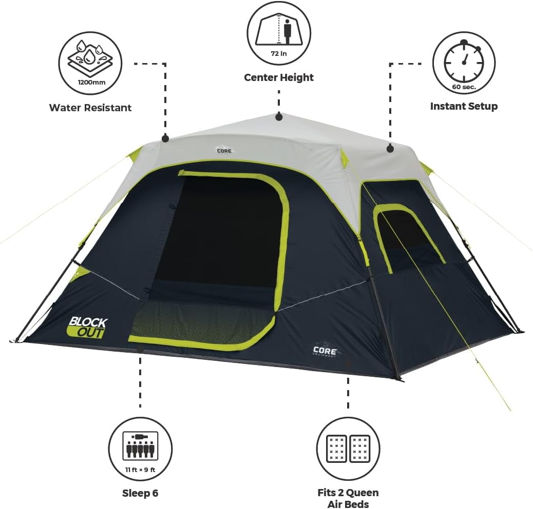 CORE 11' x 9' 6 Person Blockout Instant Cabin Camping Tent, 22lbs