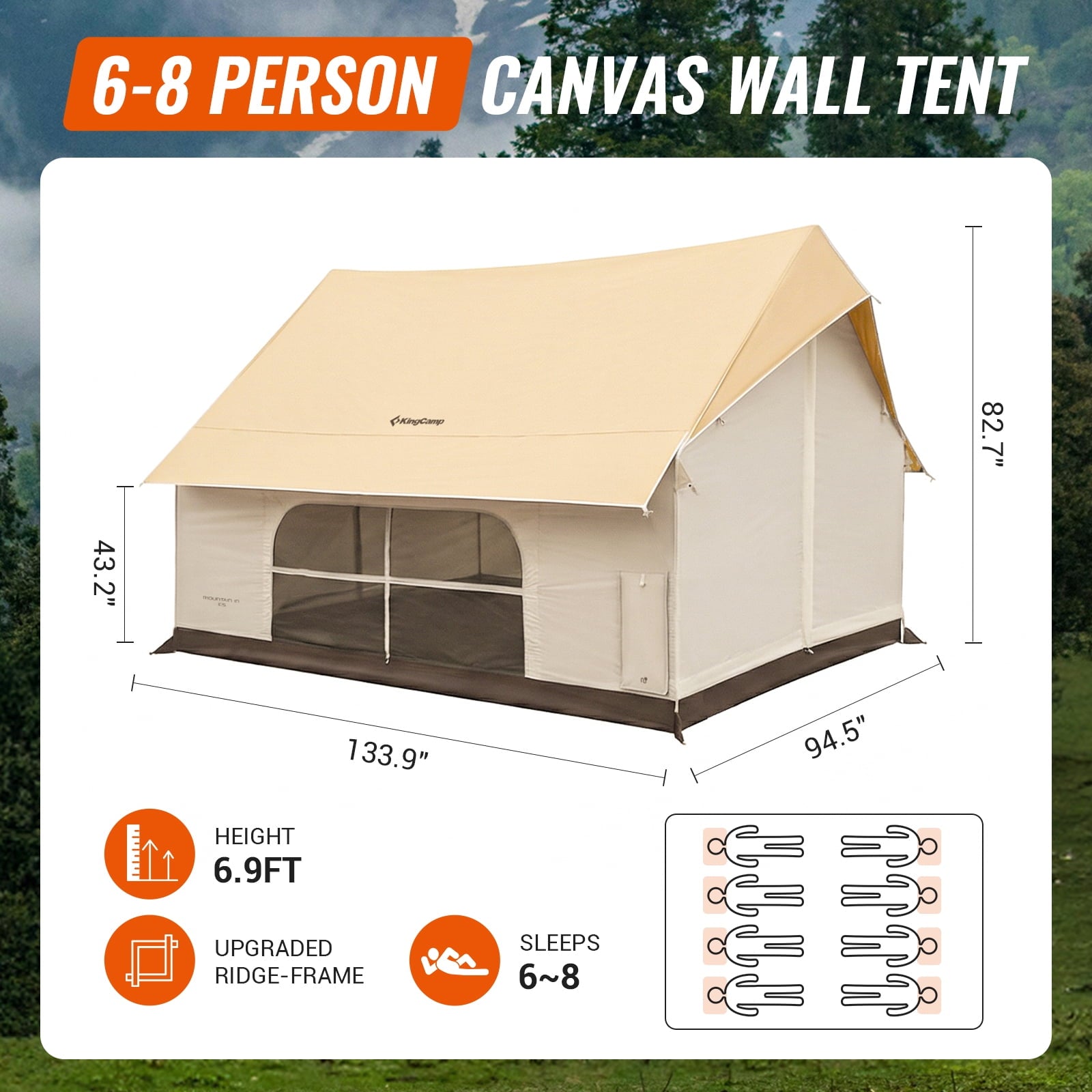 KingCamp Camping Tent, Glamping Tent, 6-10 Person Camping Tent with Skylight, Air Conditioner Port & Stove Jack, 2 Doors and 2 Windows, Large Tent for Family Camping, Waterproof & Easy Setup