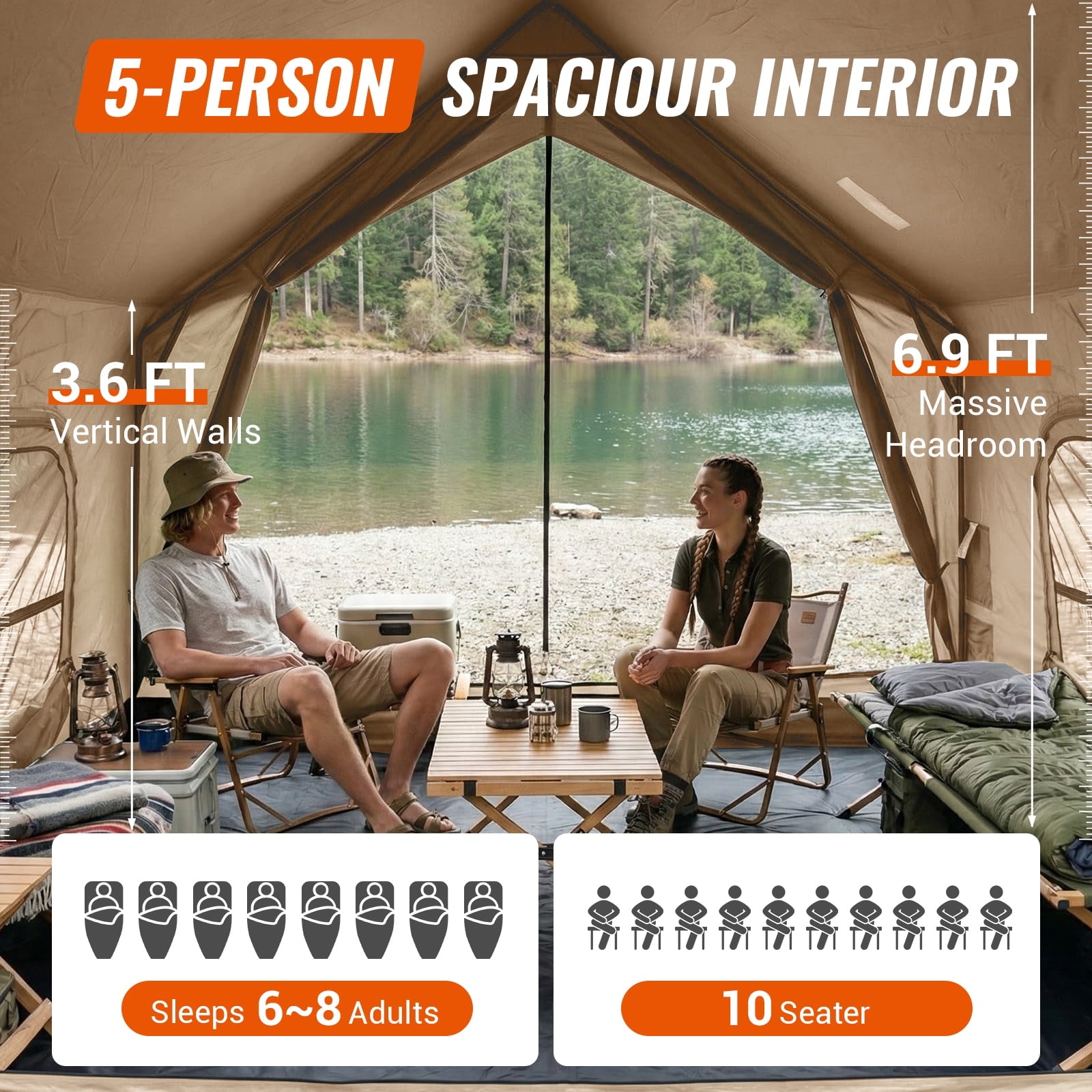 KingCamp Camping Tent, Glamping Tent, 6-10 Person Camping Tent with Skylight, Air Conditioner Port & Stove Jack, 2 Doors and 2 Windows, Large Tent for Family Camping, Waterproof & Easy Setup