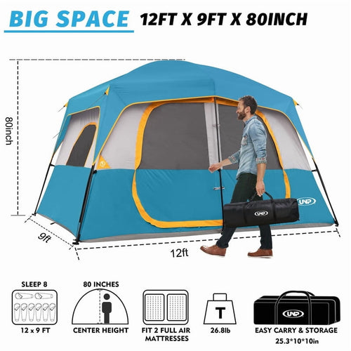 Camping Tent 8 Person, Waterproof Windproof Tent with Rainfly Easy Set up-Portable Dome Tents for Camping