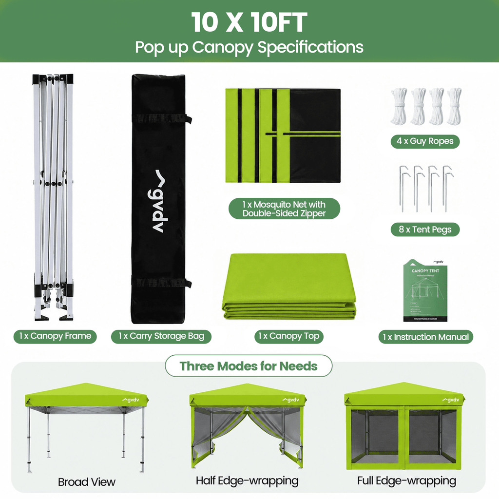 GVDV 10x10ft Easy Pop-Up Canopy, Outdoor Screen Tent with Mosquito Netting, 2 Zipper Doors, and Carry Bag for Yard Camping Picnic Party Events, Blue
