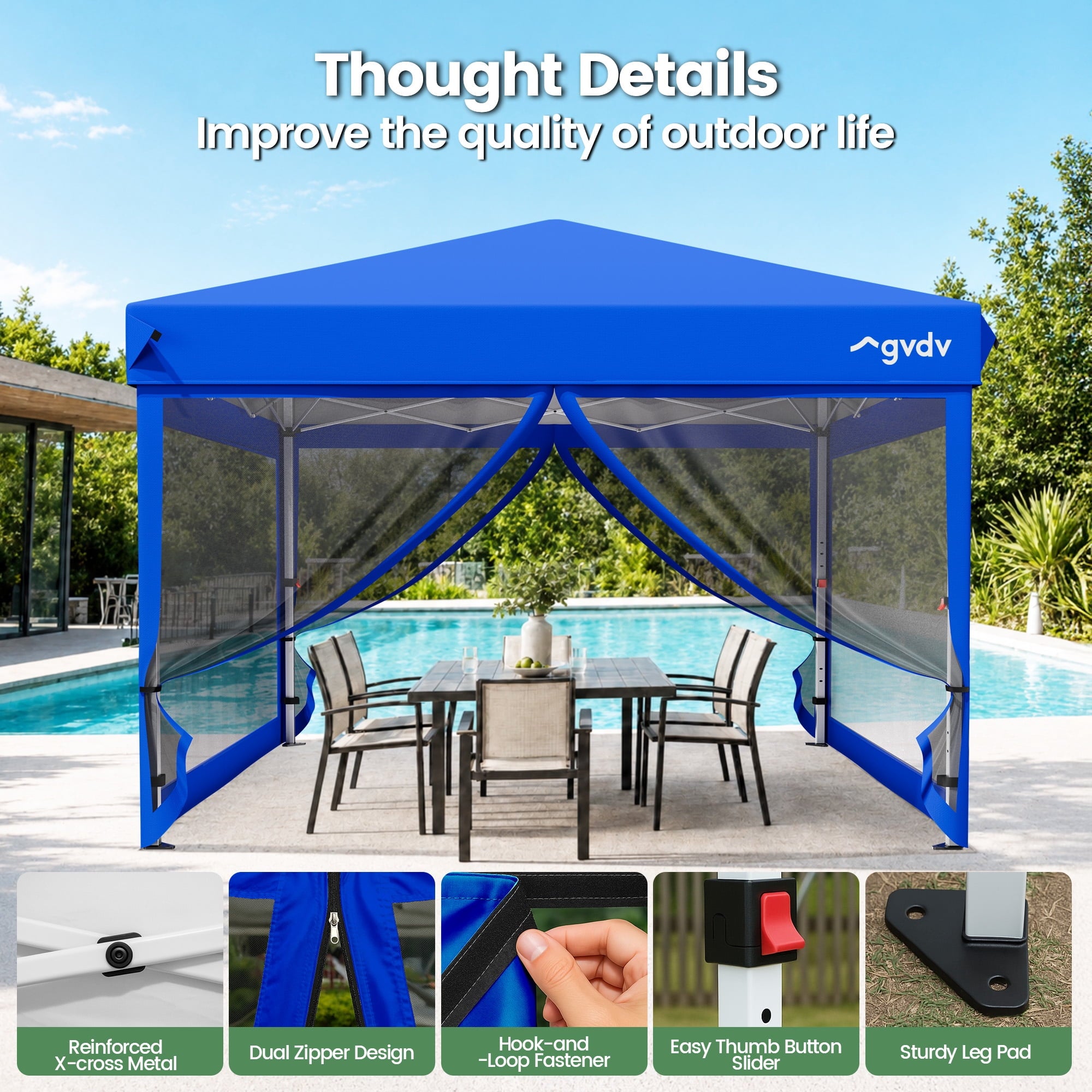 GVDV 10x10ft Easy Pop-Up Canopy, Outdoor Screen Tent with Mosquito Netting, 2 Zipper Doors, and Carry Bag for Yard Camping Picnic Party Events, Blue