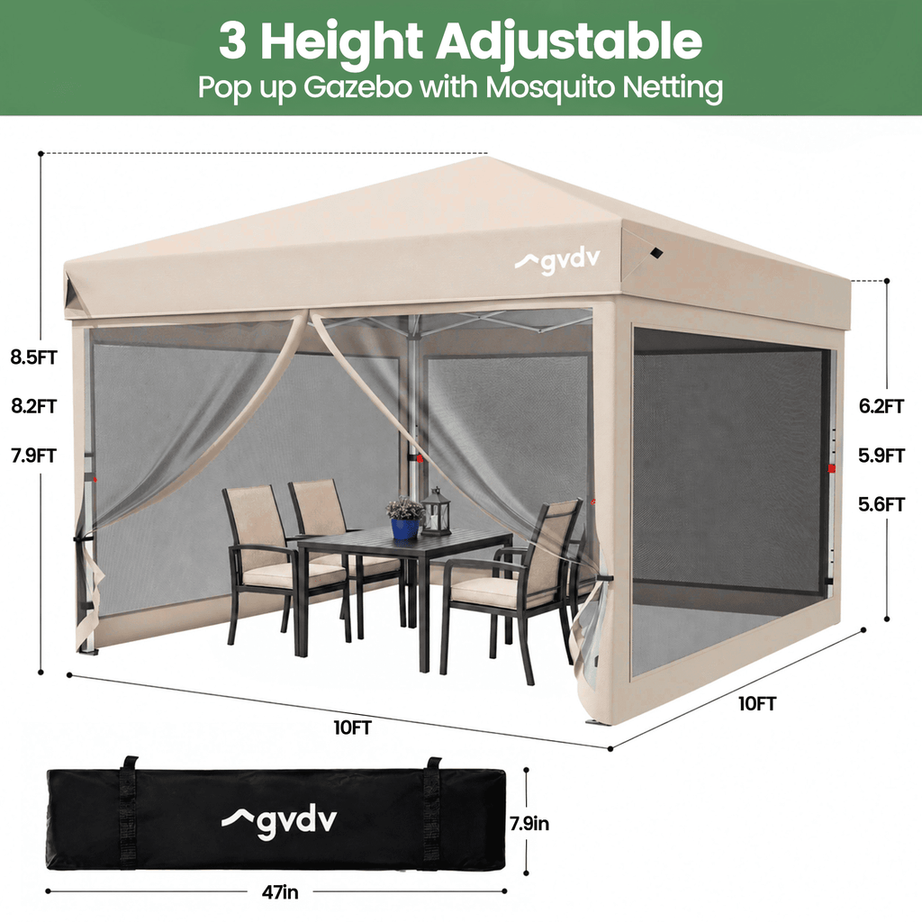 GVDV 10x10ft Easy Pop-Up Canopy, Outdoor Screen Tent with Mosquito Netting, 2 Zipper Doors, and Carry Bag for Yard Camping Picnic Party Events, Blue