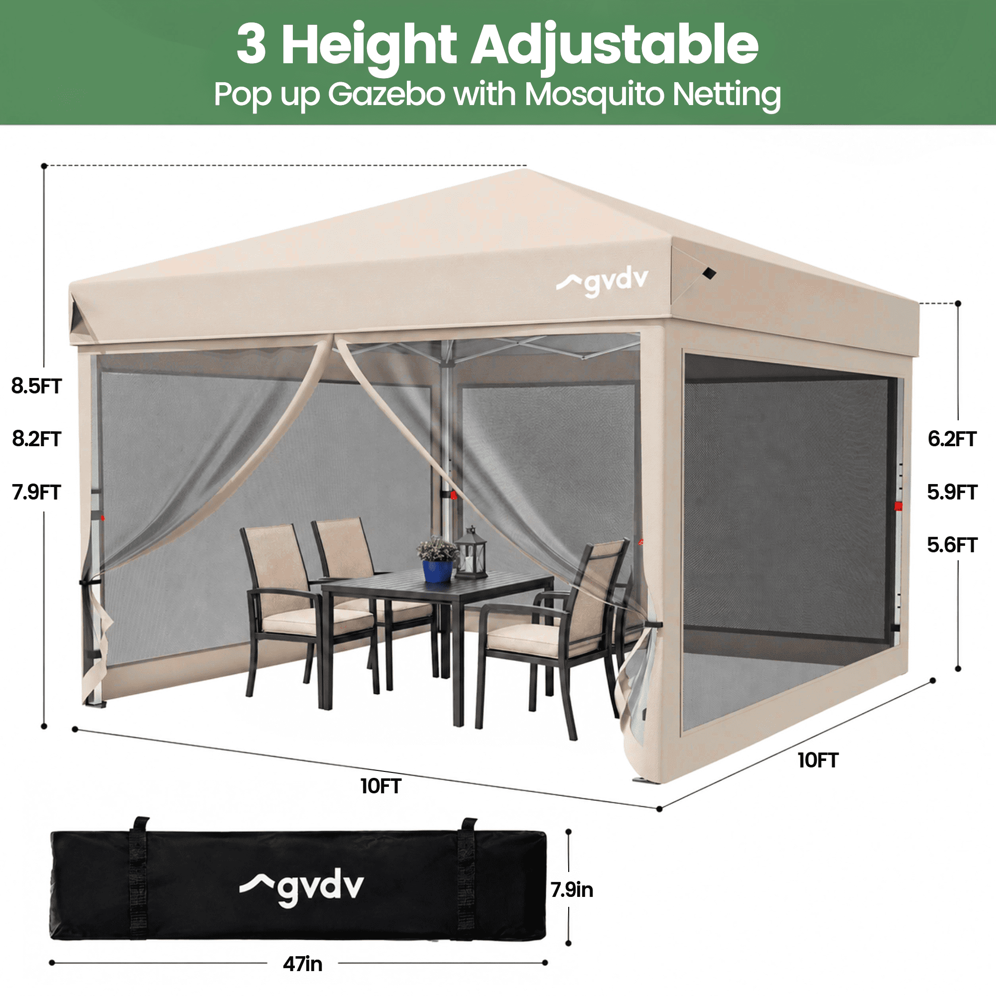 GVDV 10x10ft Easy Pop-Up Canopy, Outdoor Screen Tent with Mosquito Netting, 2 Zipper Doors, and Carry Bag for Yard Camping Picnic Party Events, Blue