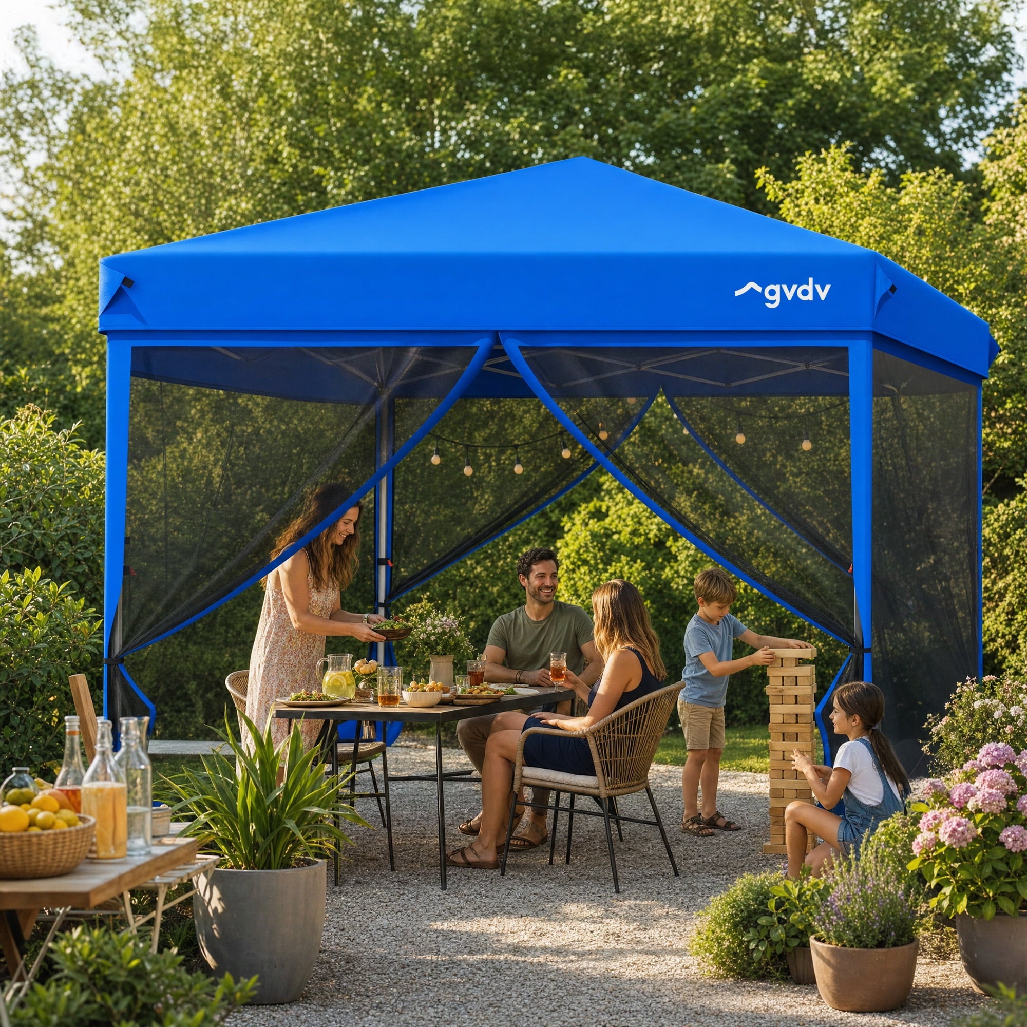 GVDV 10x10ft Easy Pop-Up Canopy, Outdoor Screen Tent with Mosquito Netting, 2 Zipper Doors, and Carry Bag for Yard Camping Picnic Party Events, Blue