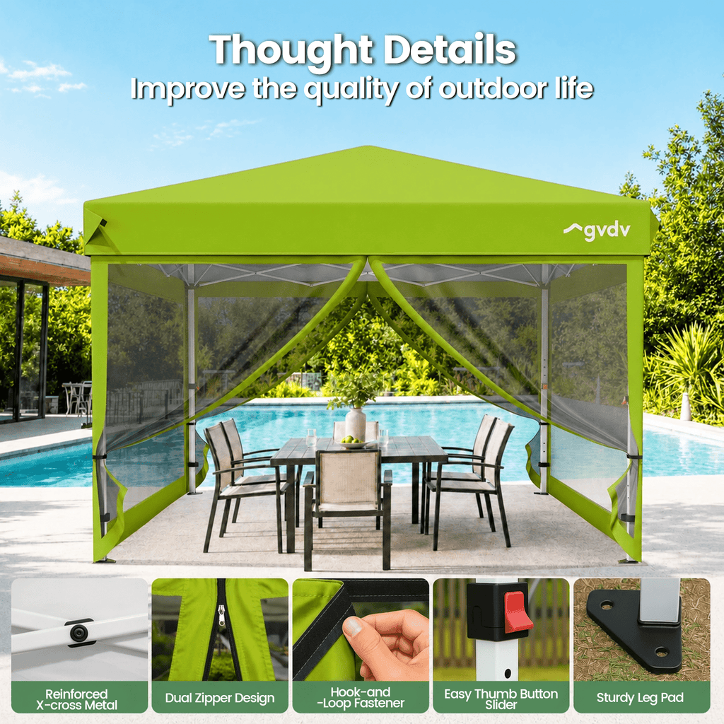GVDV 10x10ft Easy Pop-Up Canopy, Outdoor Screen Tent with Mosquito Netting, 2 Zipper Doors, and Carry Bag for Yard Camping Picnic Party Events, Blue
